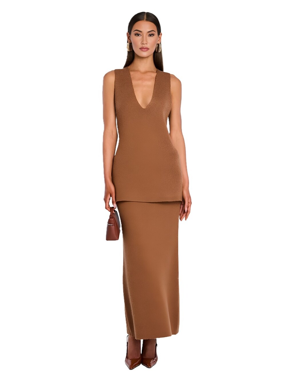 SE.R.OYA Honey Knit Tunic and Hazel Knit Maxi Skirt in Camel Small NWT